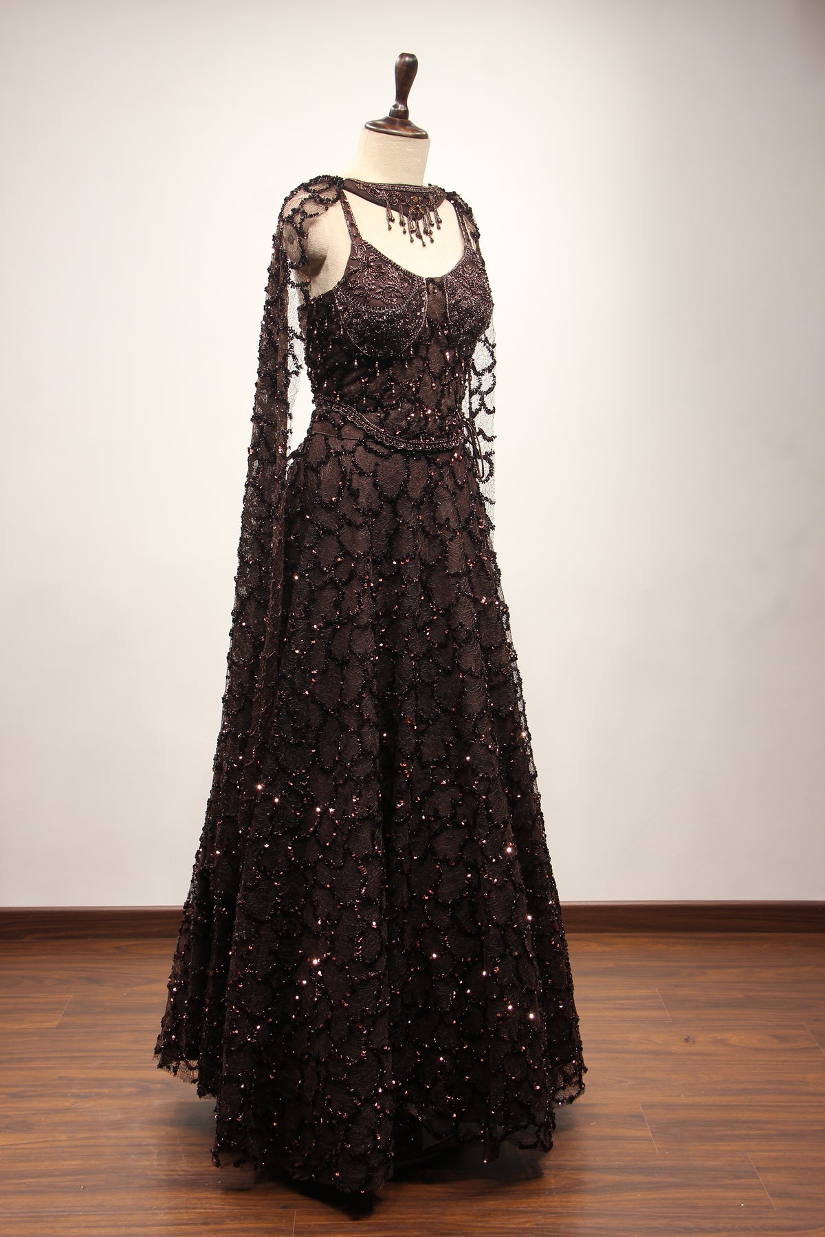 Brown Imported Net Corset Lehenga with Sequin & Cut Dana Handwork – other side view