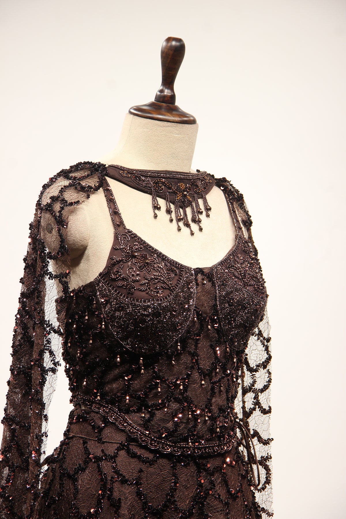 Brown Imported Net Corset Lehenga with Sequin & Cut Dana Handwork – other side close-up