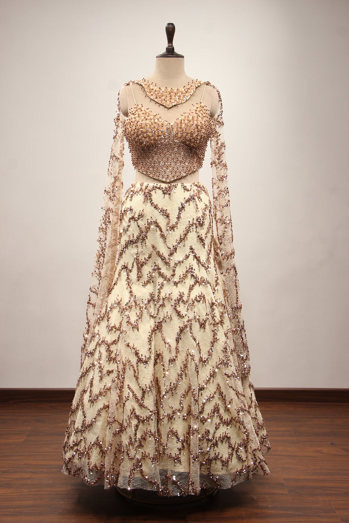 Gold Imported Lehenga with Choker Dupatta, Sequin & Bead Handwork – front view