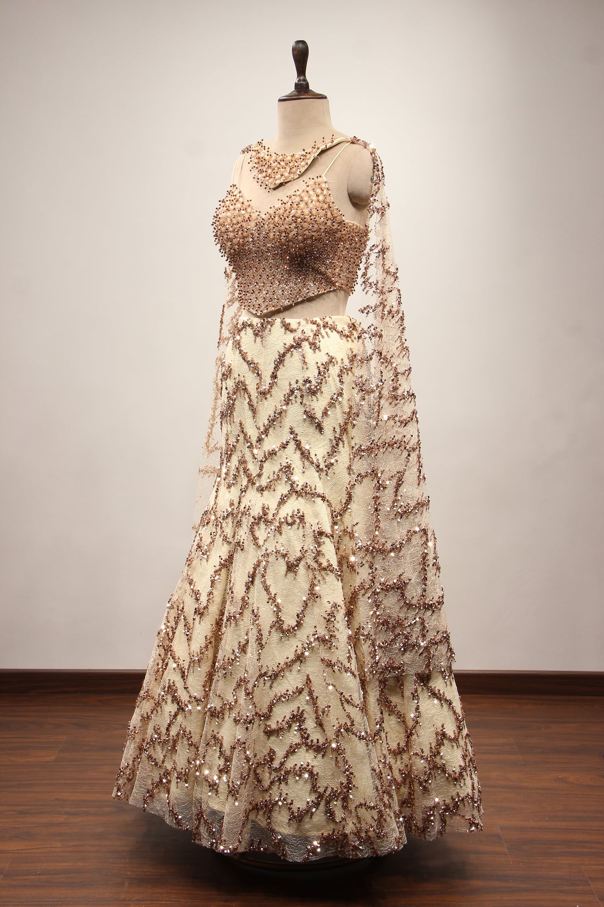 Gold Imported Lehenga with Choker Dupatta, Sequin & Bead Handwork – side view