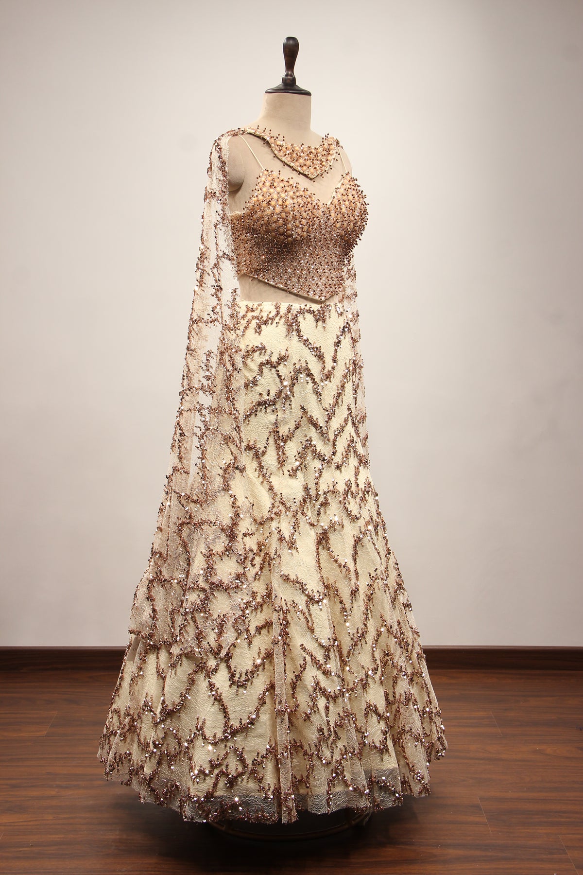 Gold Imported Lehenga with Choker Dupatta, Sequin & Bead Handwork – other side view