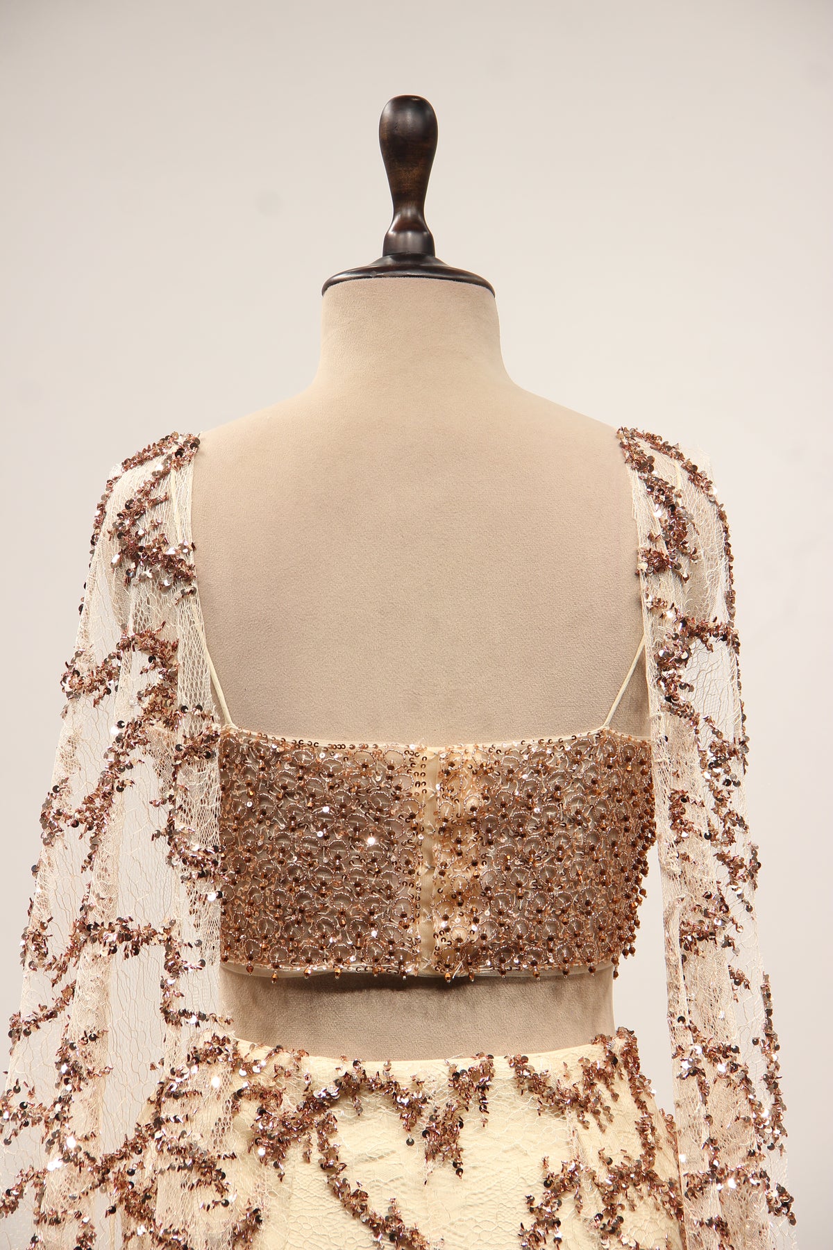 Gold Imported Lehenga with Choker Dupatta, Sequin & Bead Handwork – back close-up