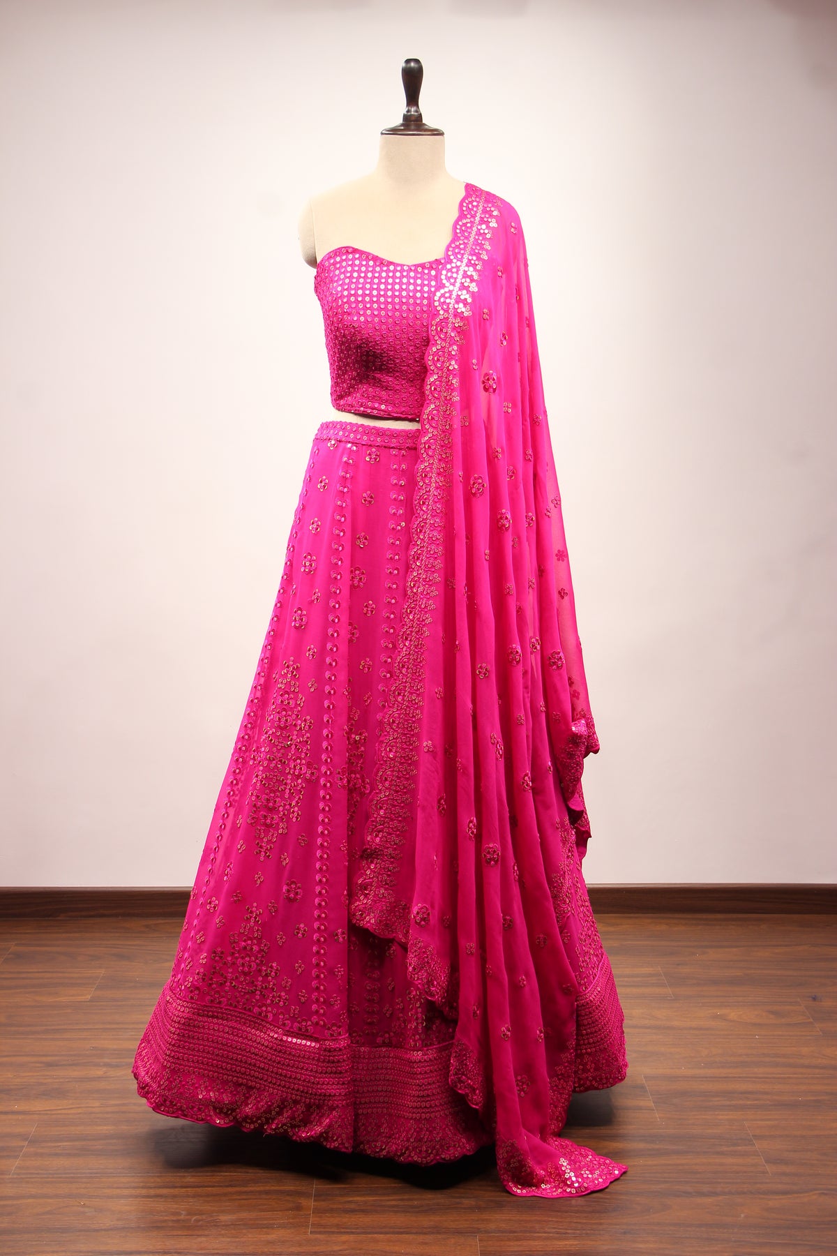 Rani Georgette Off Shoulder Lehenga with Resham & Sequin Handwork – front view