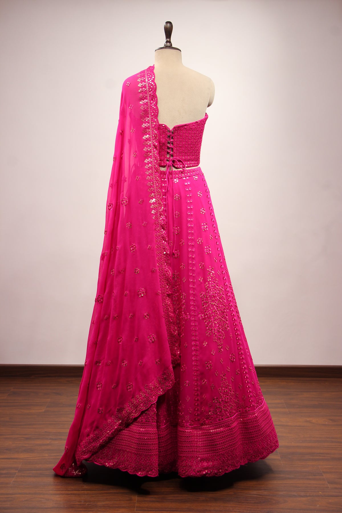 Rani Georgette Off Shoulder Lehenga with Resham & Sequin Handwork – back view