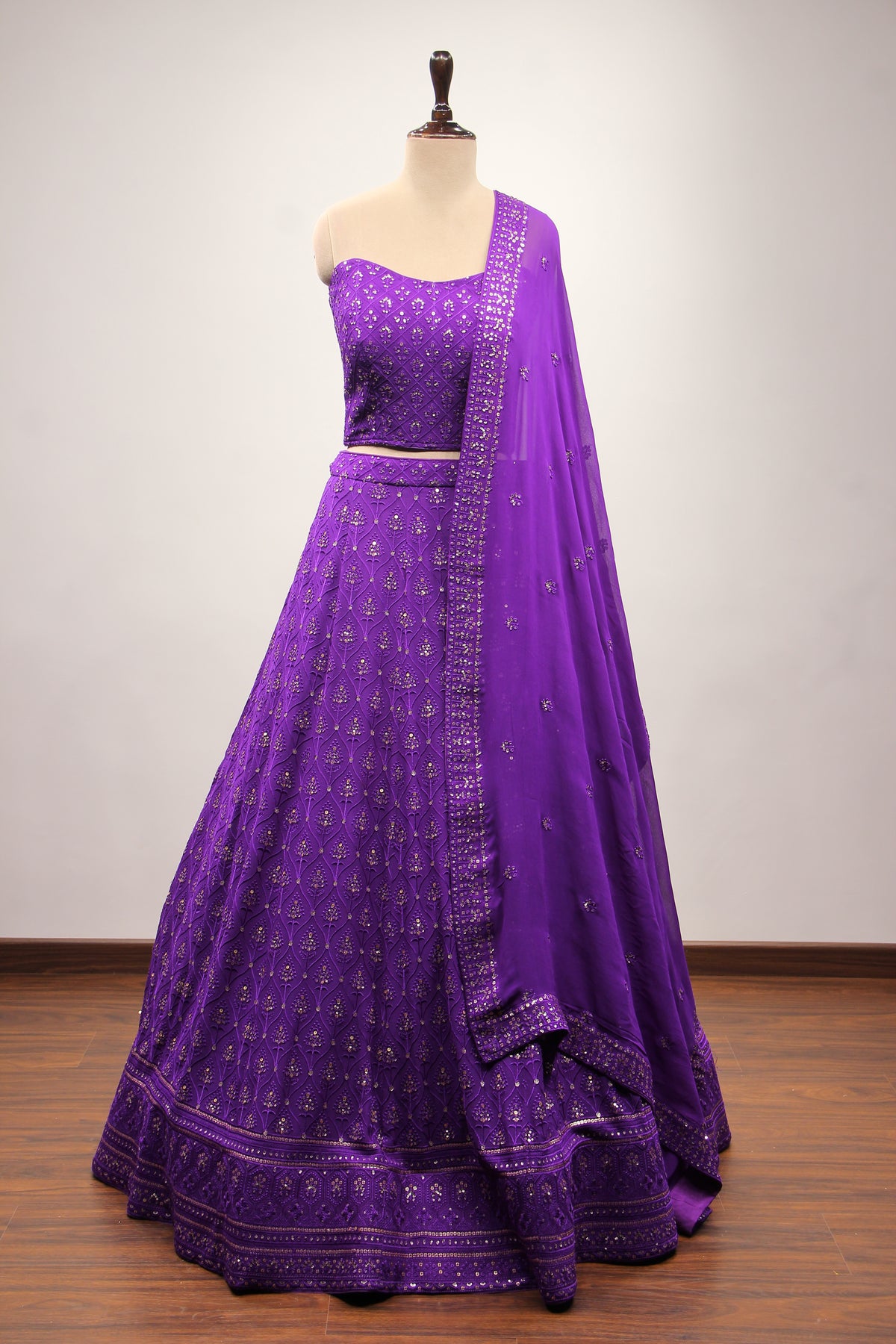 Purple Georgette Corset Lehenga with Resham & Sequin Handwork – front view