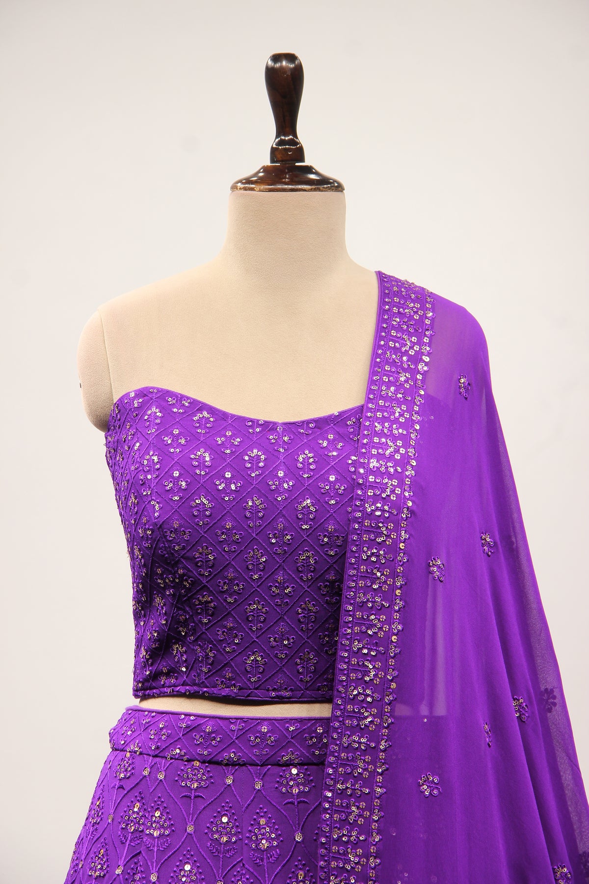 Purple Georgette Corset Lehenga with Resham & Sequin Handwork – front close-up