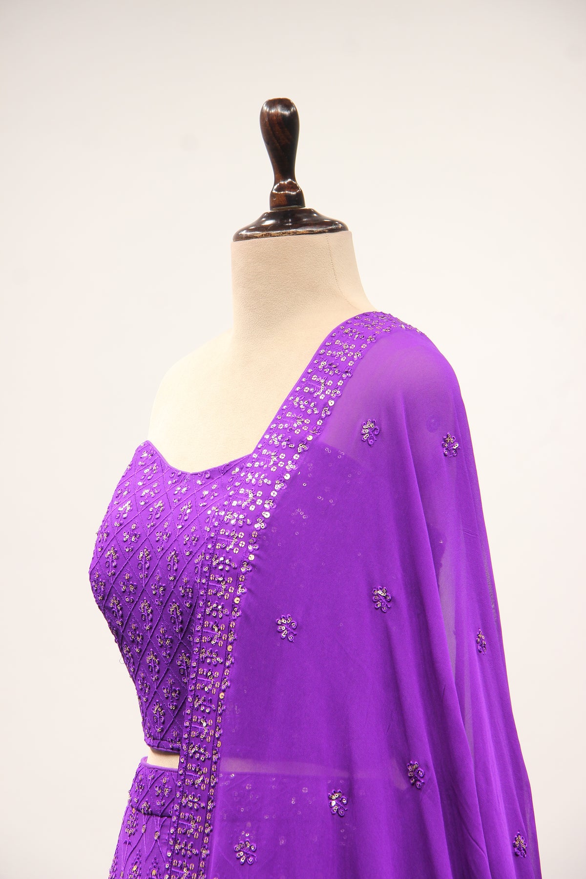Purple Georgette Corset Lehenga with Resham & Sequin Handwork – side close-up