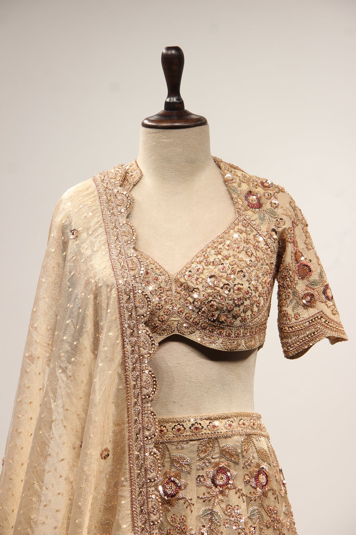 Gold Tissue Lehenga with Resham & Sequin Handwork Half Sleeve Crop Top – front close-up