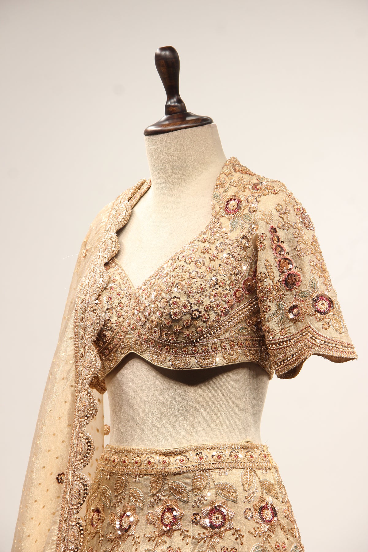Gold Tissue Lehenga with Resham & Sequin Handwork Half Sleeve Crop Top – side close-up