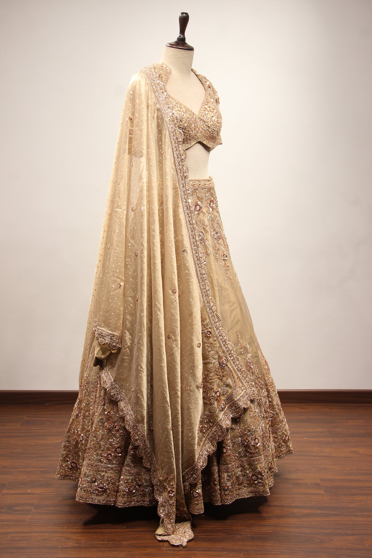 Gold Tissue Lehenga with Resham & Sequin Handwork Half Sleeve Crop Top – other side view
