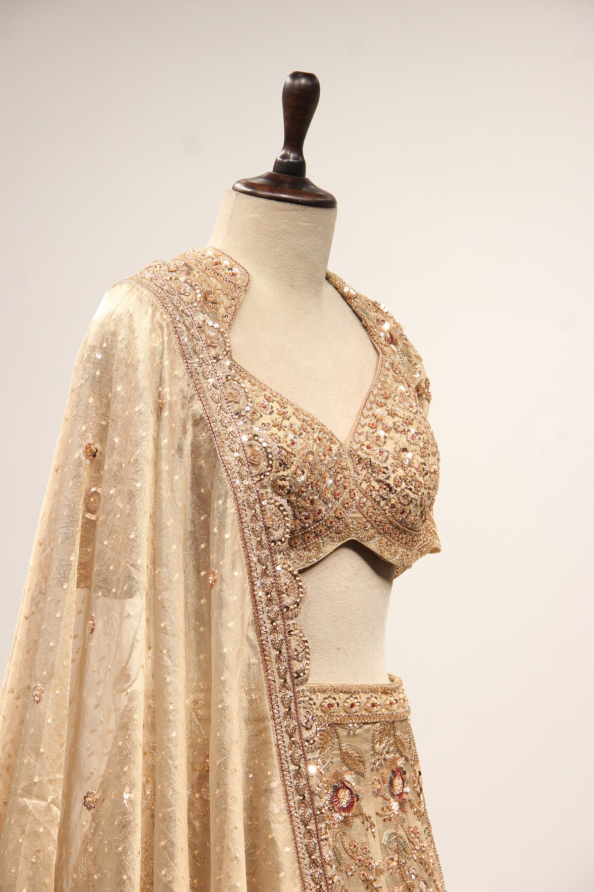 Gold Tissue Lehenga with Resham & Sequin Handwork Half Sleeve Crop Top – other side close-up