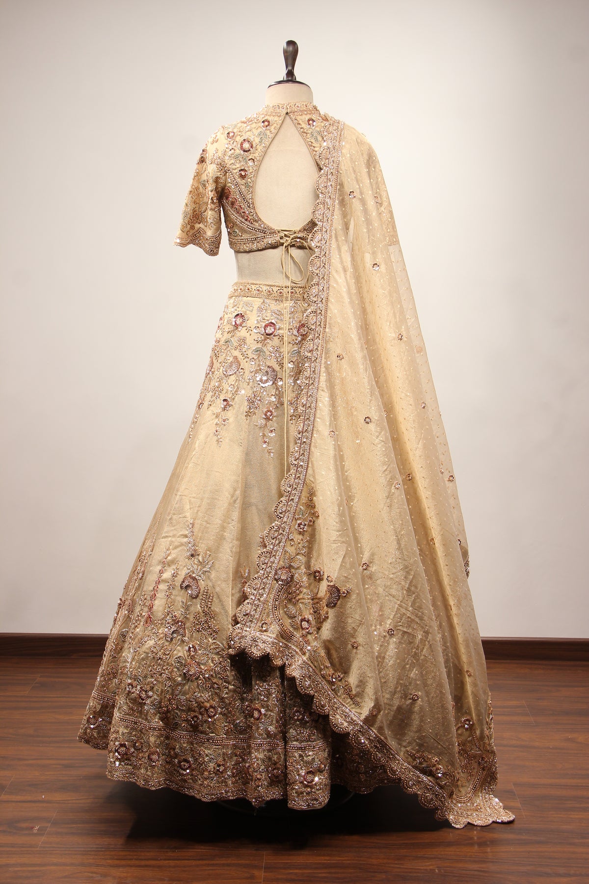 Gold Tissue Lehenga with Resham & Sequin Handwork Half Sleeve Crop Top – back view