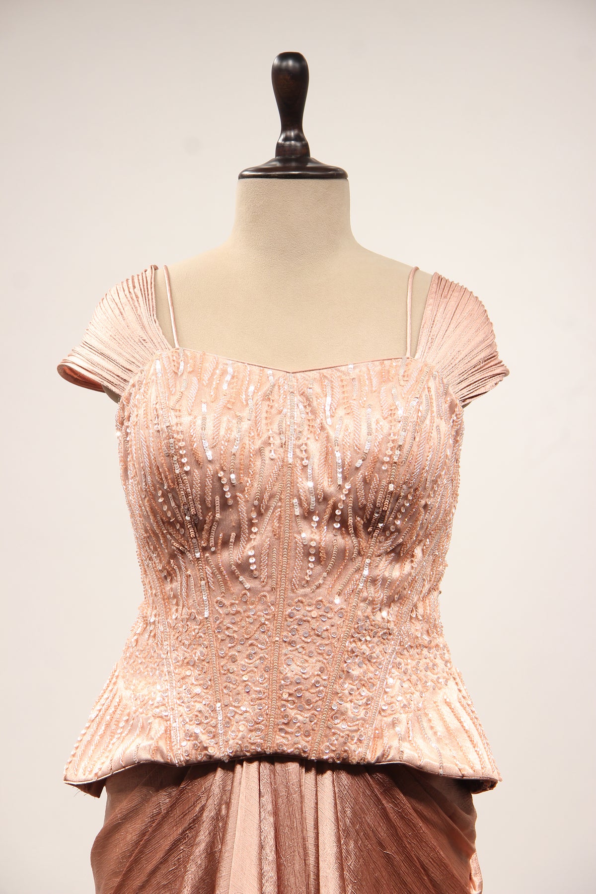 Peach Imported Indo Western Cowl Skirt with Sequin & Cut Dana Handwork – front close-up