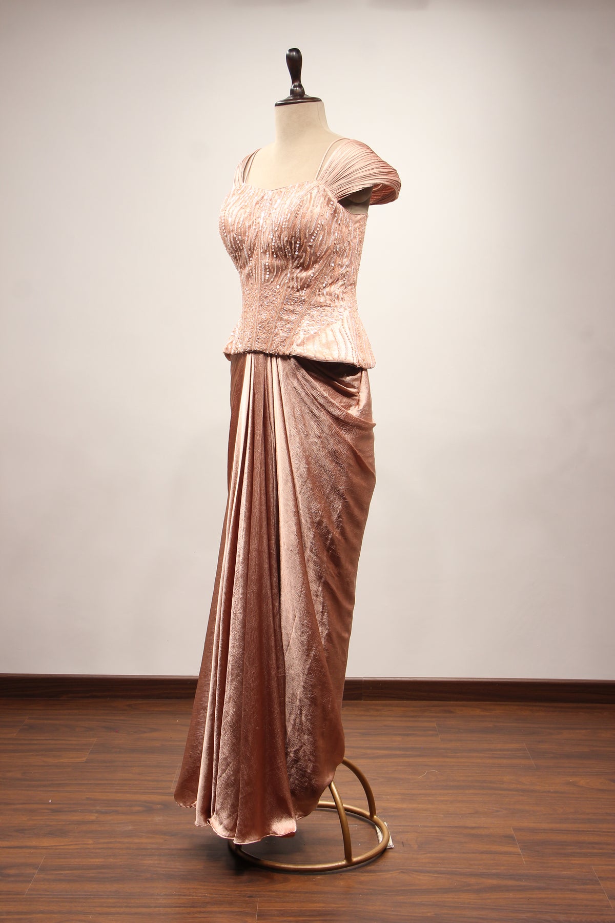 Peach Imported Indo Western Cowl Skirt with Sequin & Cut Dana Handwork – side view