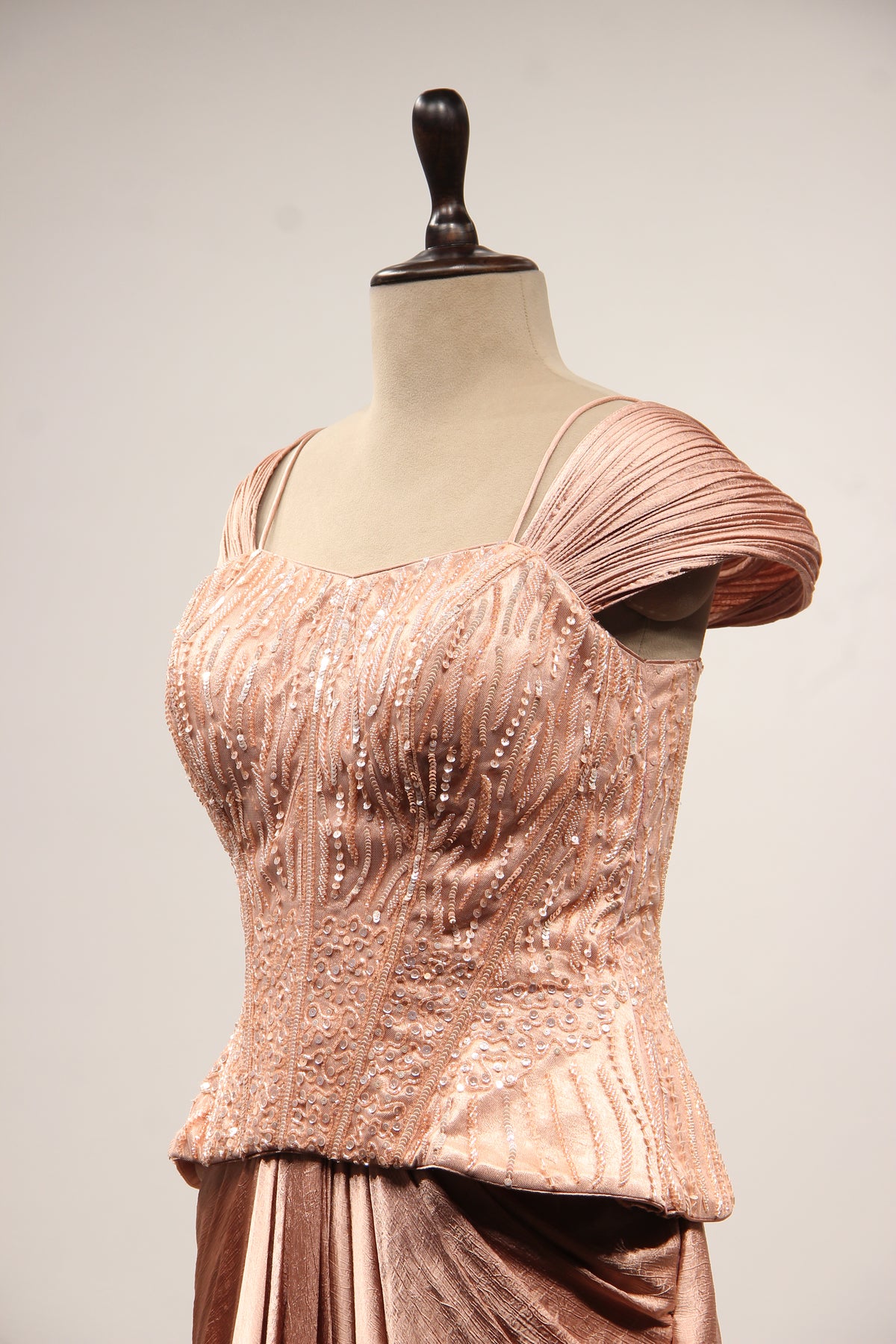 Peach Imported Indo Western Cowl Skirt with Sequin & Cut Dana Handwork – side close-up