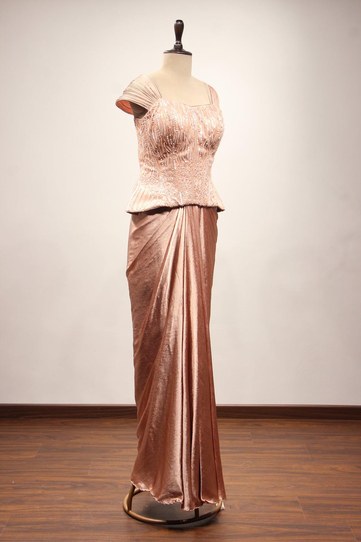 Peach Imported Indo Western Cowl Skirt with Sequin & Cut Dana Handwork – other side view