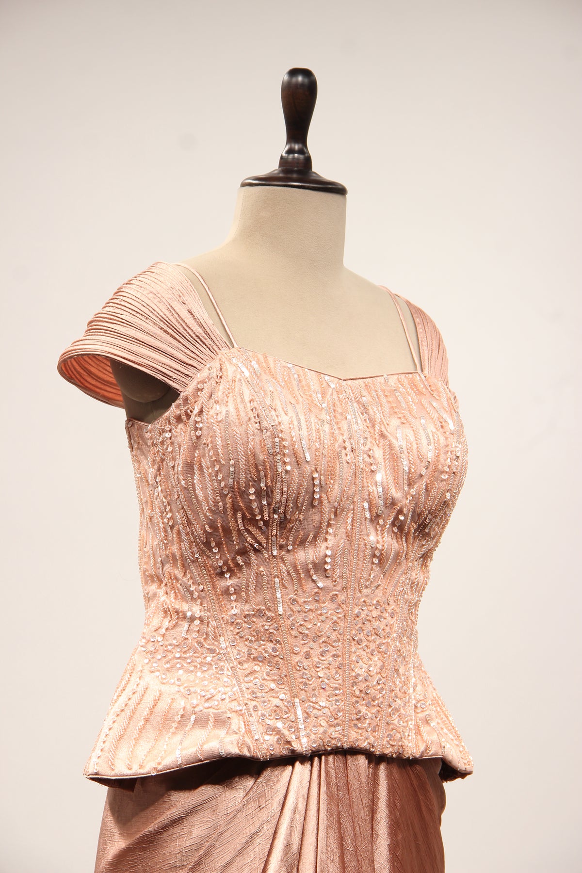 Peach Imported Indo Western Cowl Skirt with Sequin & Cut Dana Handwork – other side close-up