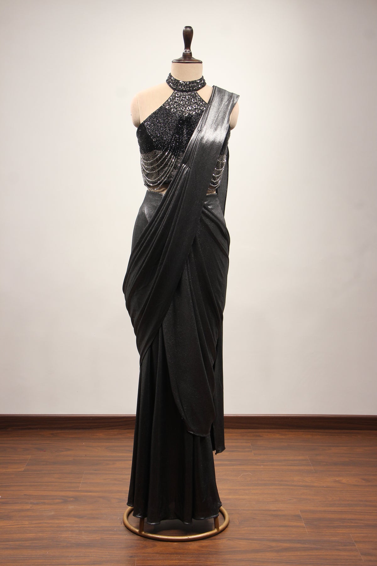 Black Imported Halter Neck Drape Saree with Cut Dana & Bead Handwork – front view