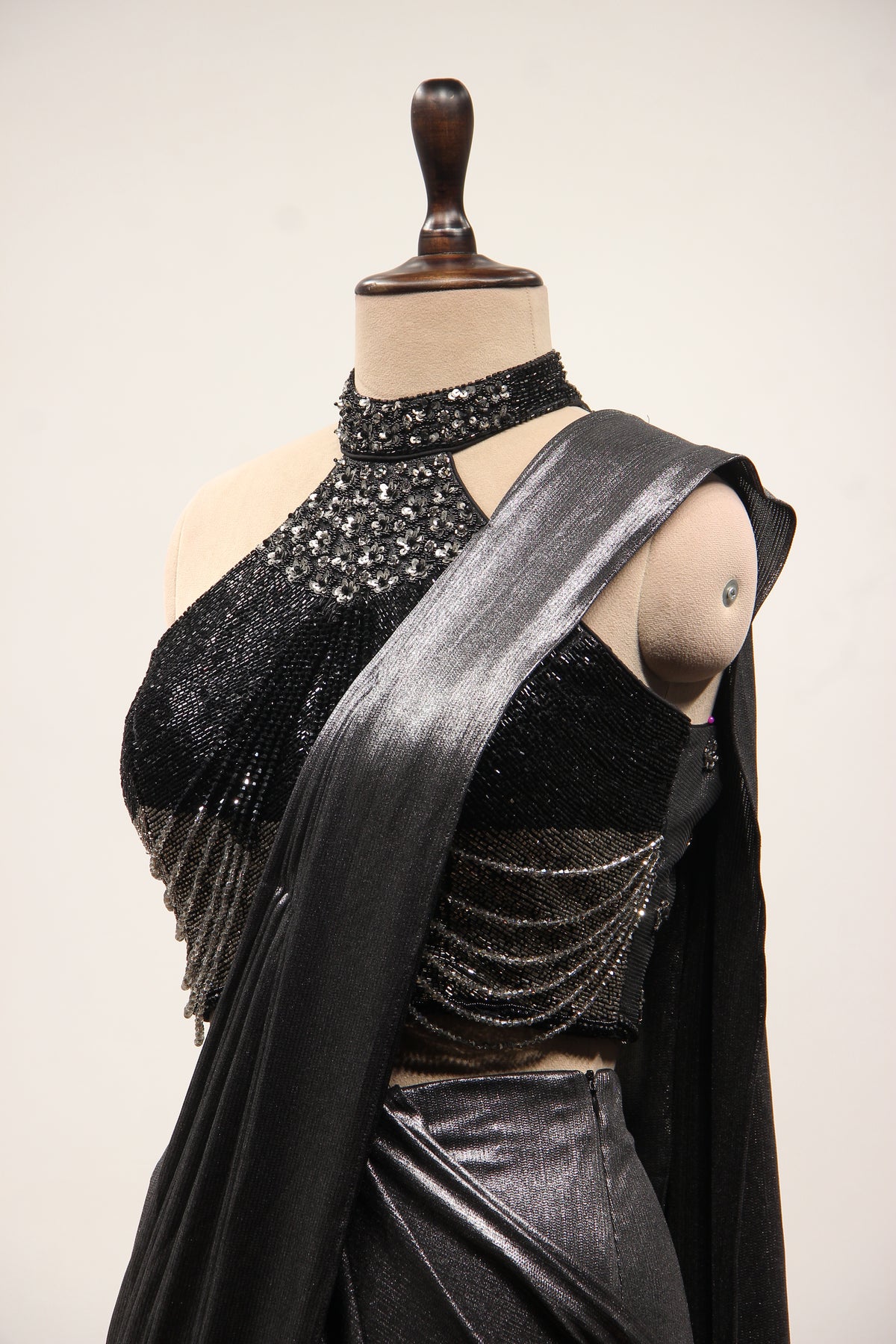 Black Imported Halter Neck Drape Saree with Cut Dana & Bead Handwork – side close-up