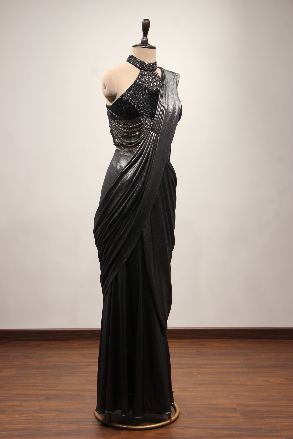 Black Imported Halter Neck Drape Saree with Cut Dana & Bead Handwork – other side view