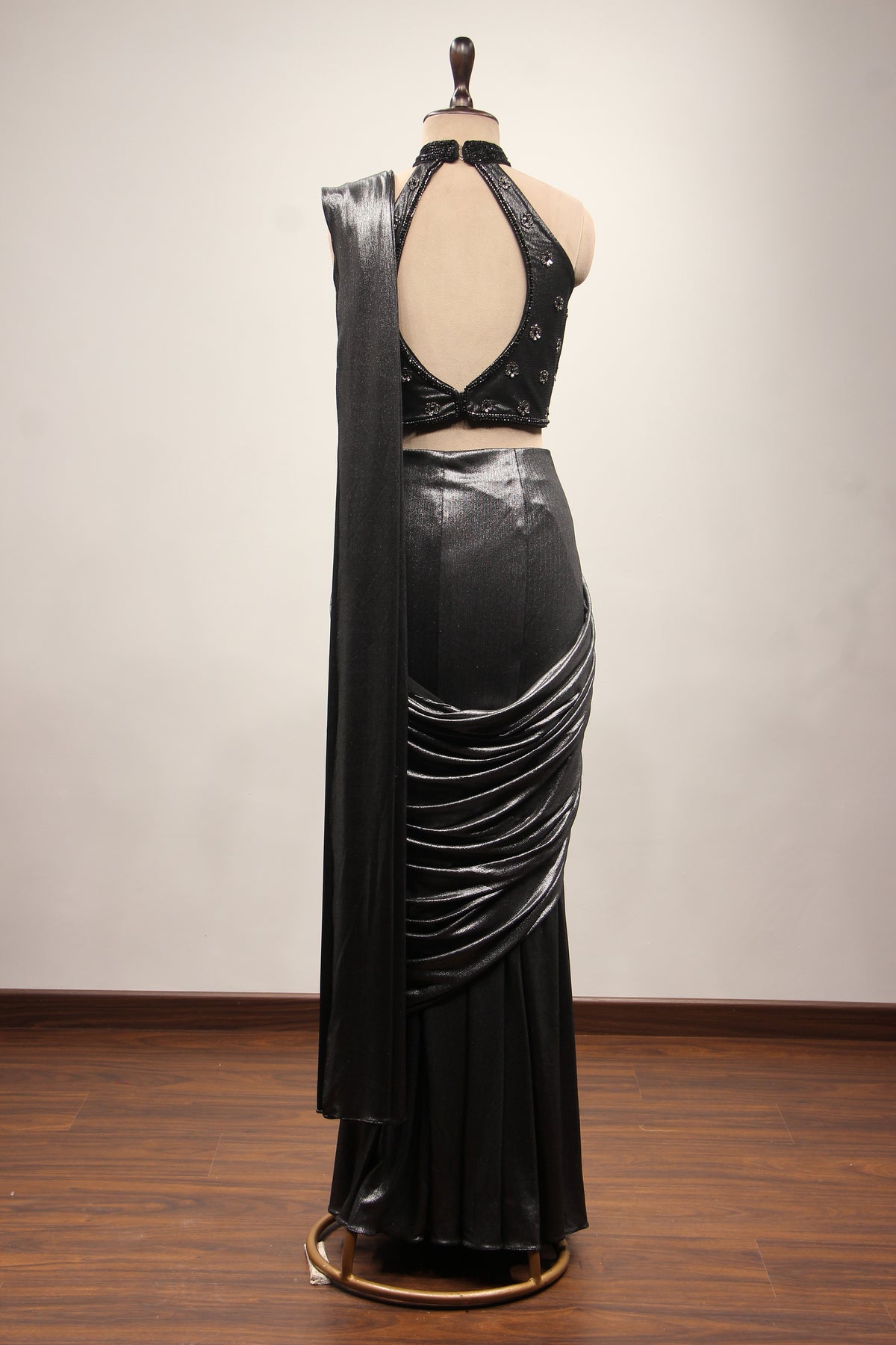Black Imported Halter Neck Drape Saree with Cut Dana & Bead Handwork – back view
