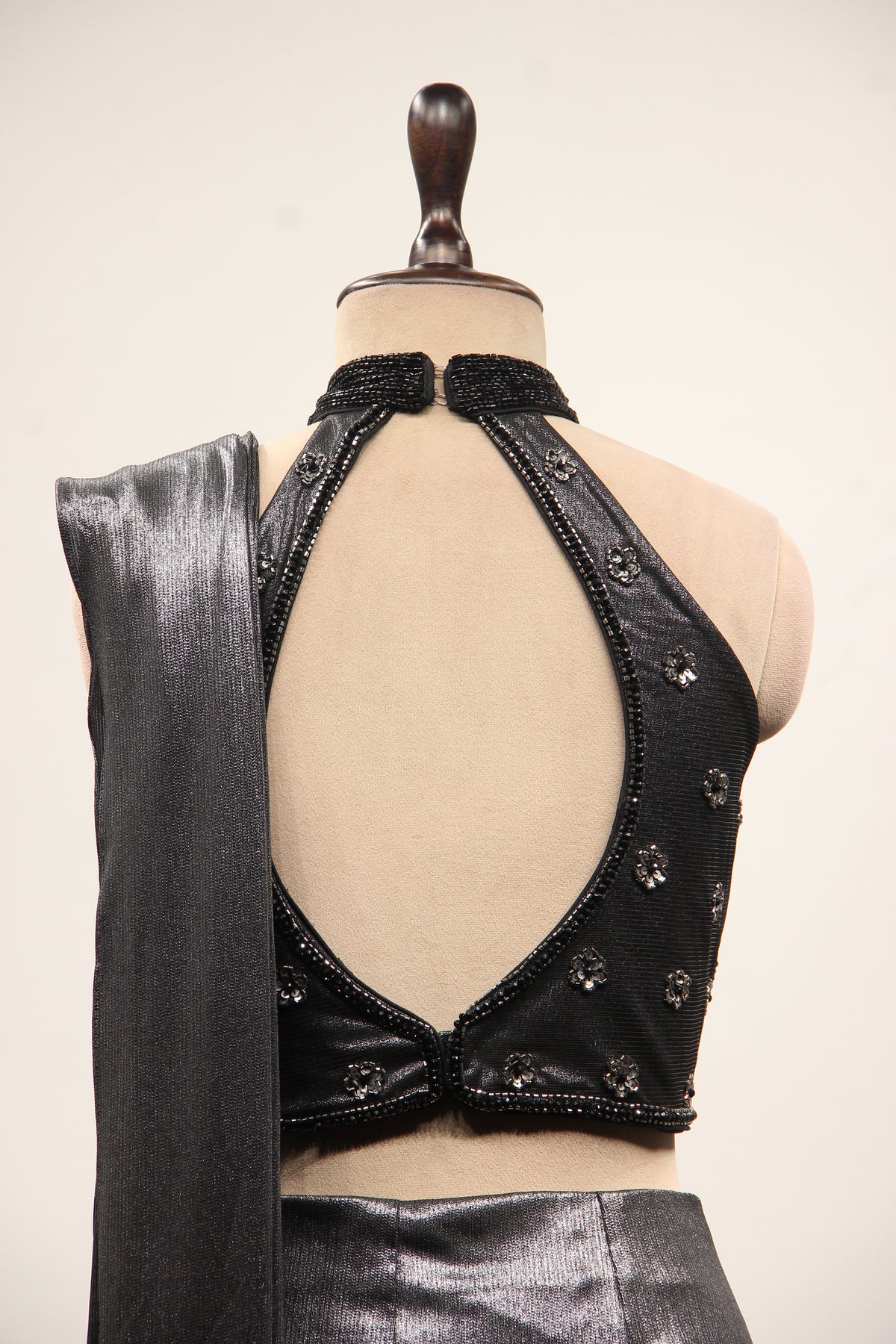 Black Imported Halter Neck Drape Saree with Cut Dana & Bead Handwork – back close-up