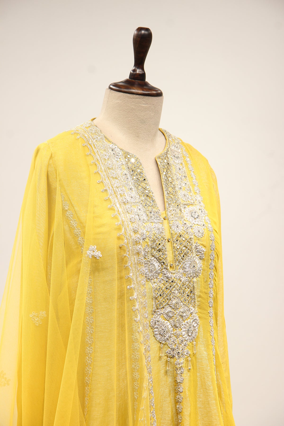Yellow Shimmer Tissue Short Anarkali Suit with Zari & Mirror Handwork – other side close-up