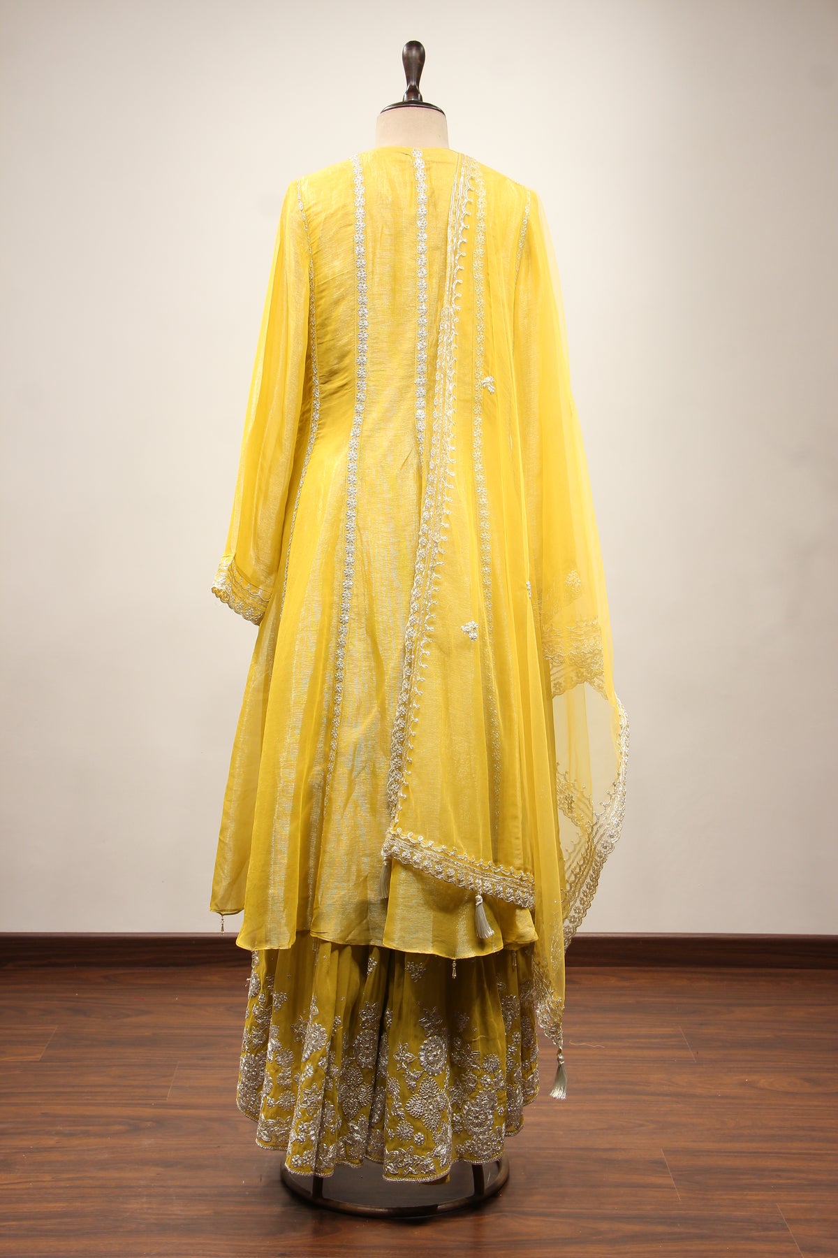 Yellow Shimmer Tissue Short Anarkali Suit with Zari & Mirror Handwork – back view