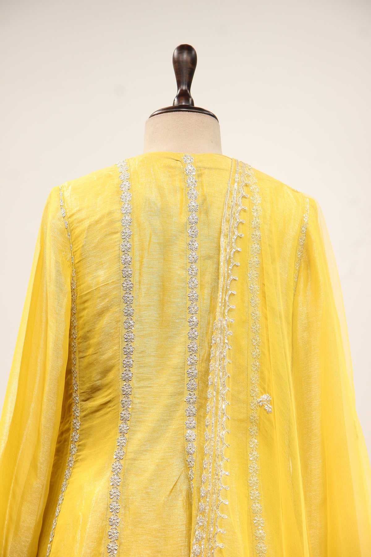 Yellow Shimmer Tissue Short Anarkali Suit with Zari & Mirror Handwork – back close-up