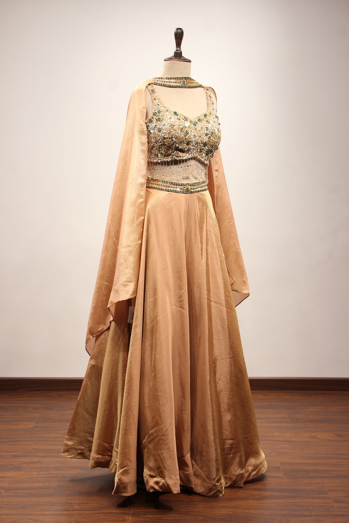 Gold Shimmer Tissue Lehenga with Cut Dana & Sequin Handwork Fringe Top – other side view
