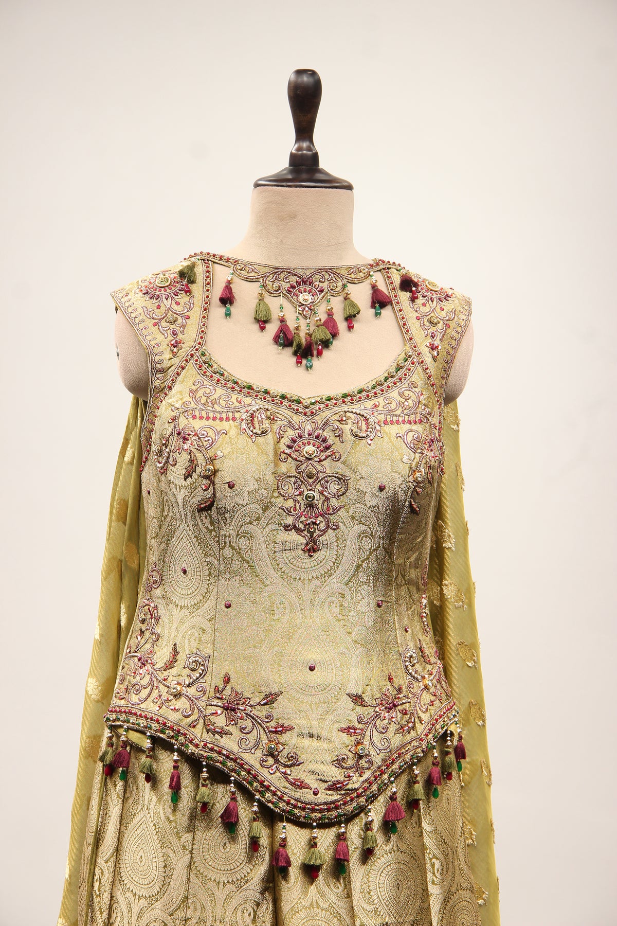 Mehendi Banarasi Brocade Indo Western with Hand Embroidery & Cut Dana – front close-up