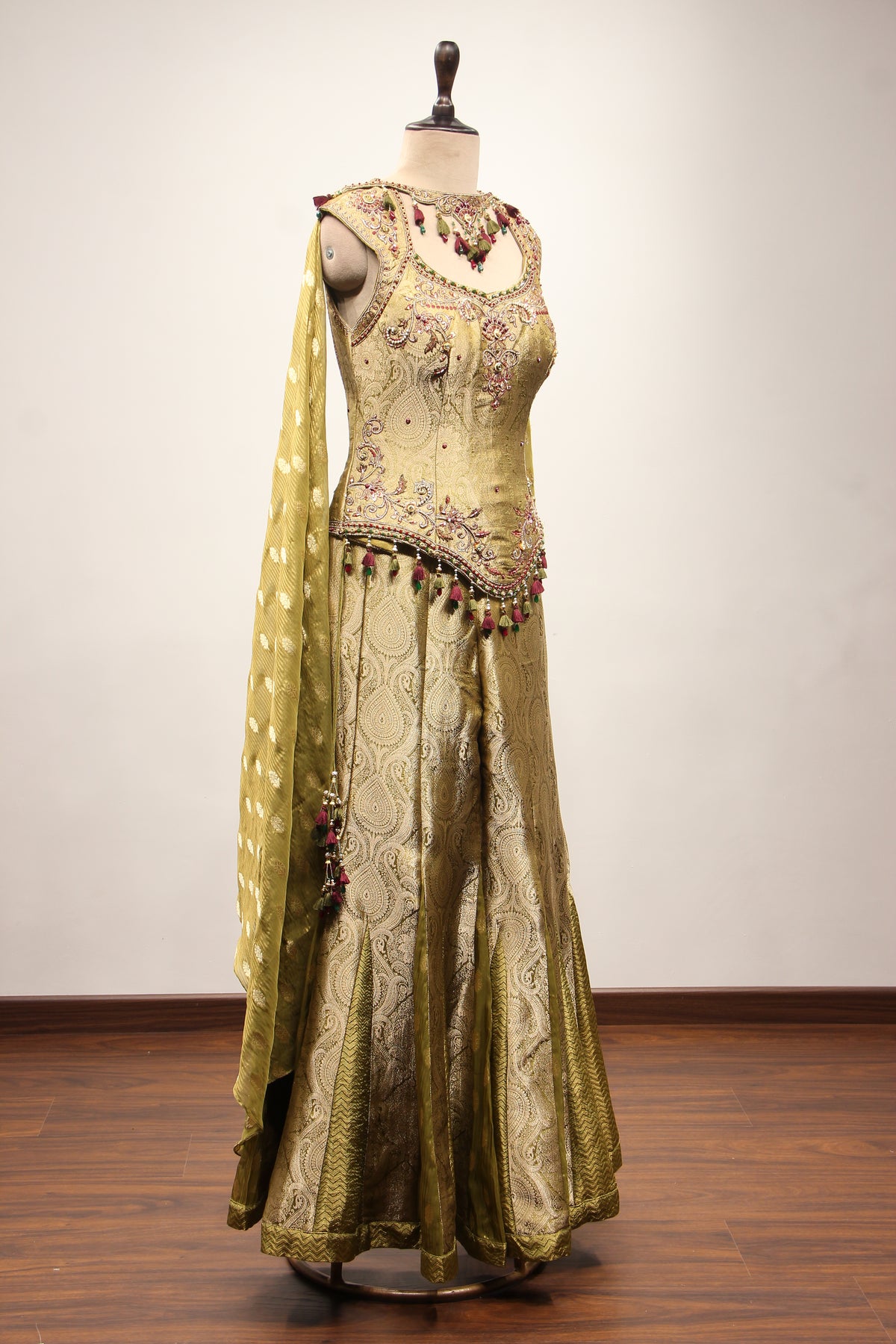 Mehendi Banarasi Brocade Indo Western with Hand Embroidery & Cut Dana – side view