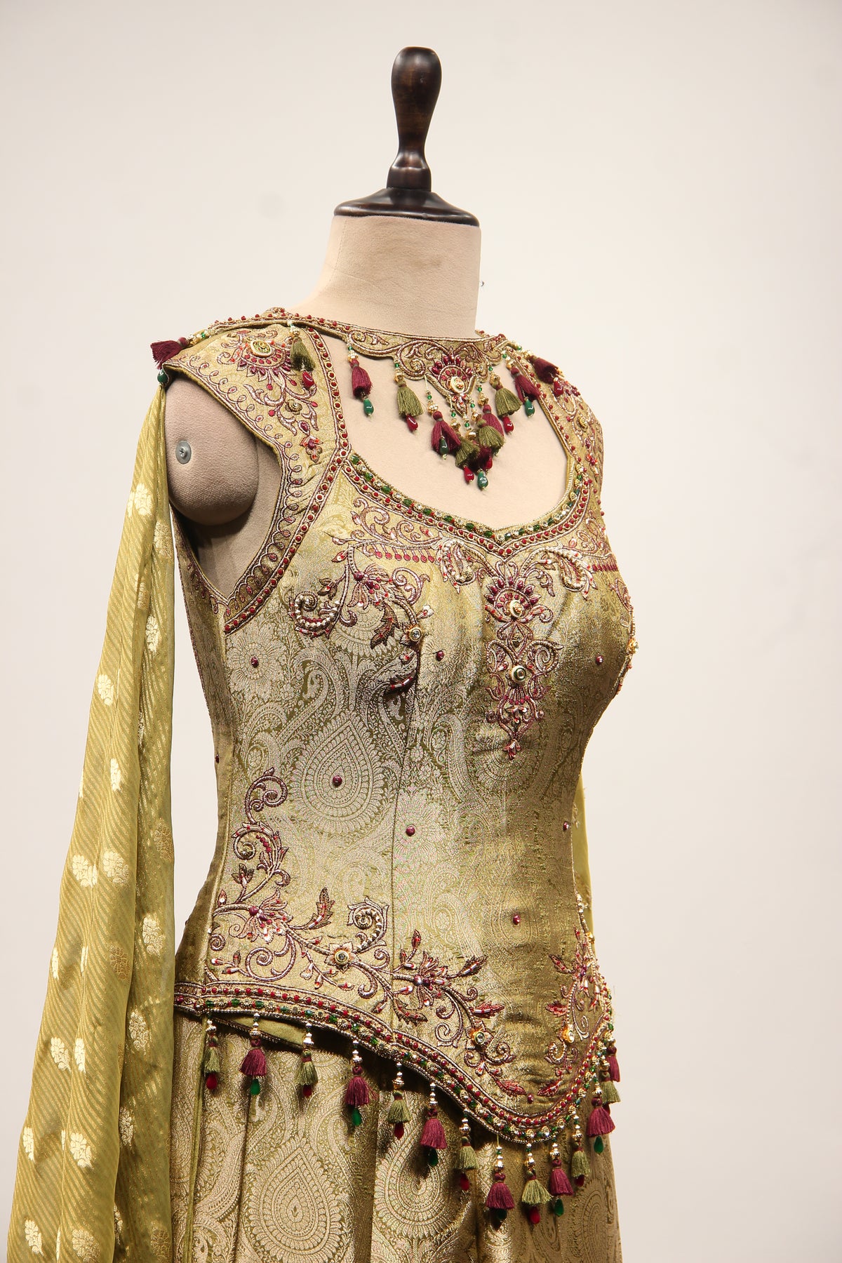 Mehendi Banarasi Brocade Indo Western with Hand Embroidery & Cut Dana – side close-up