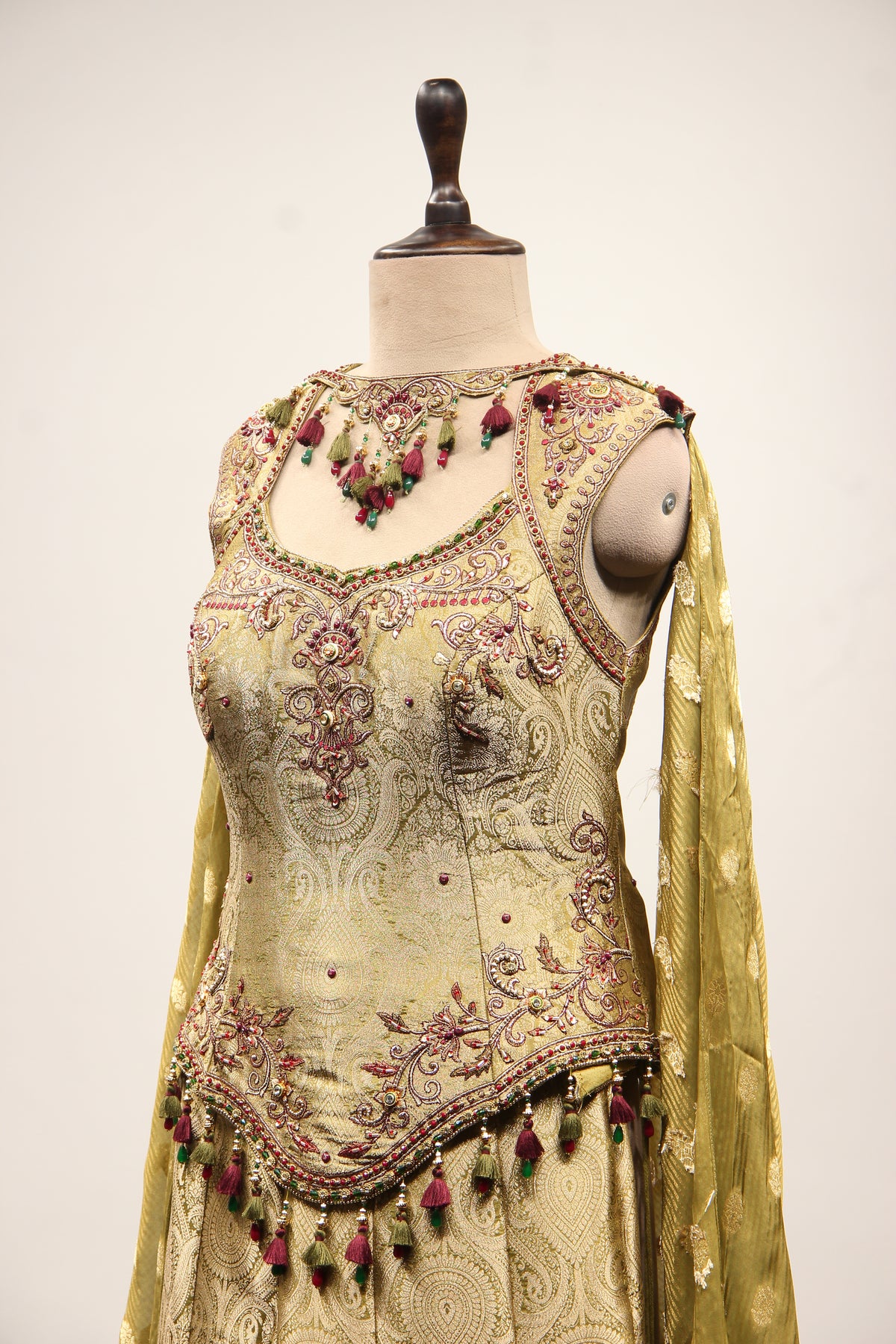 Mehendi Banarasi Brocade Indo Western with Hand Embroidery & Cut Dana – other side close-up