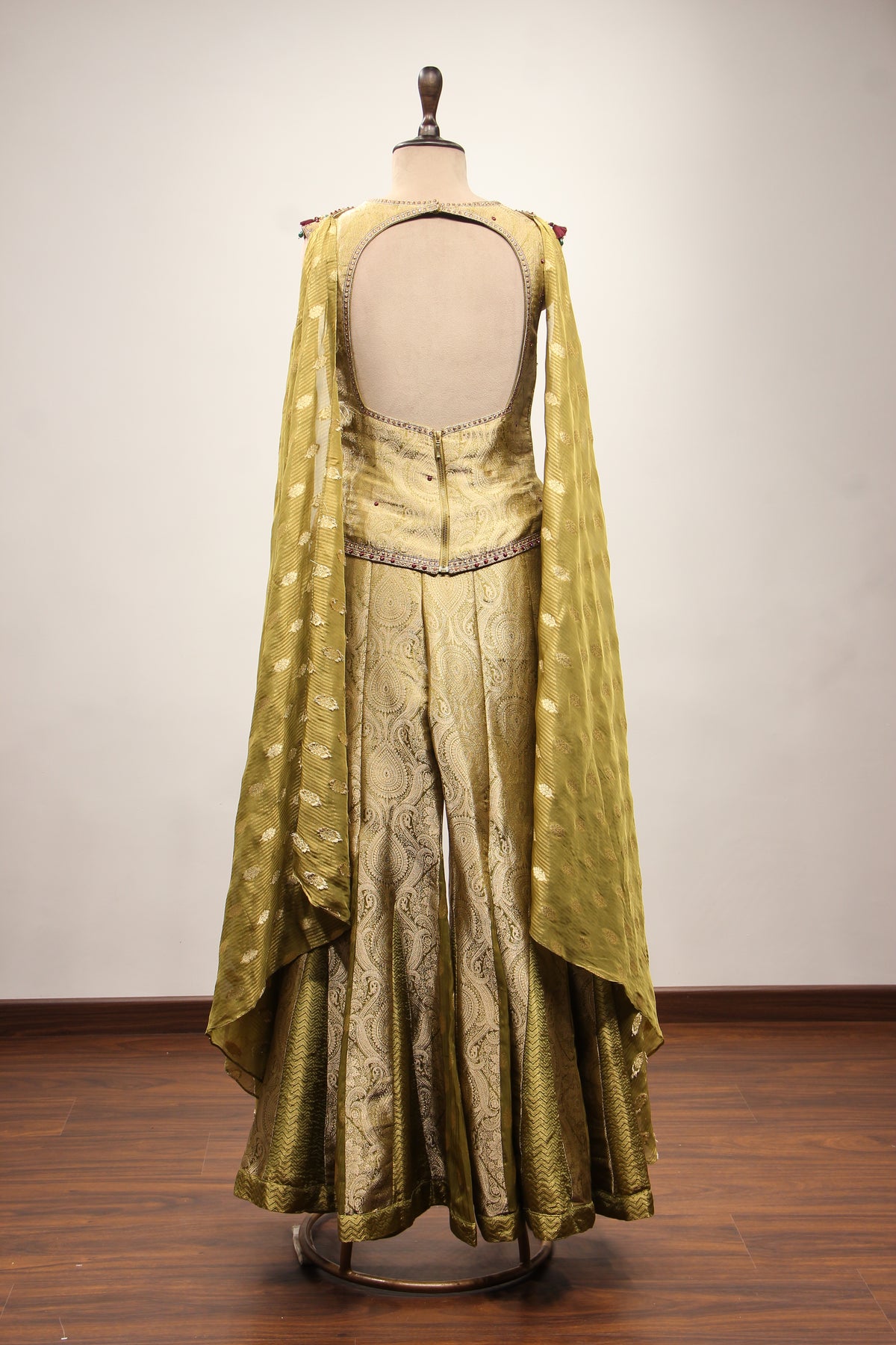 Mehendi Banarasi Brocade Indo Western with Hand Embroidery & Cut Dana – back view