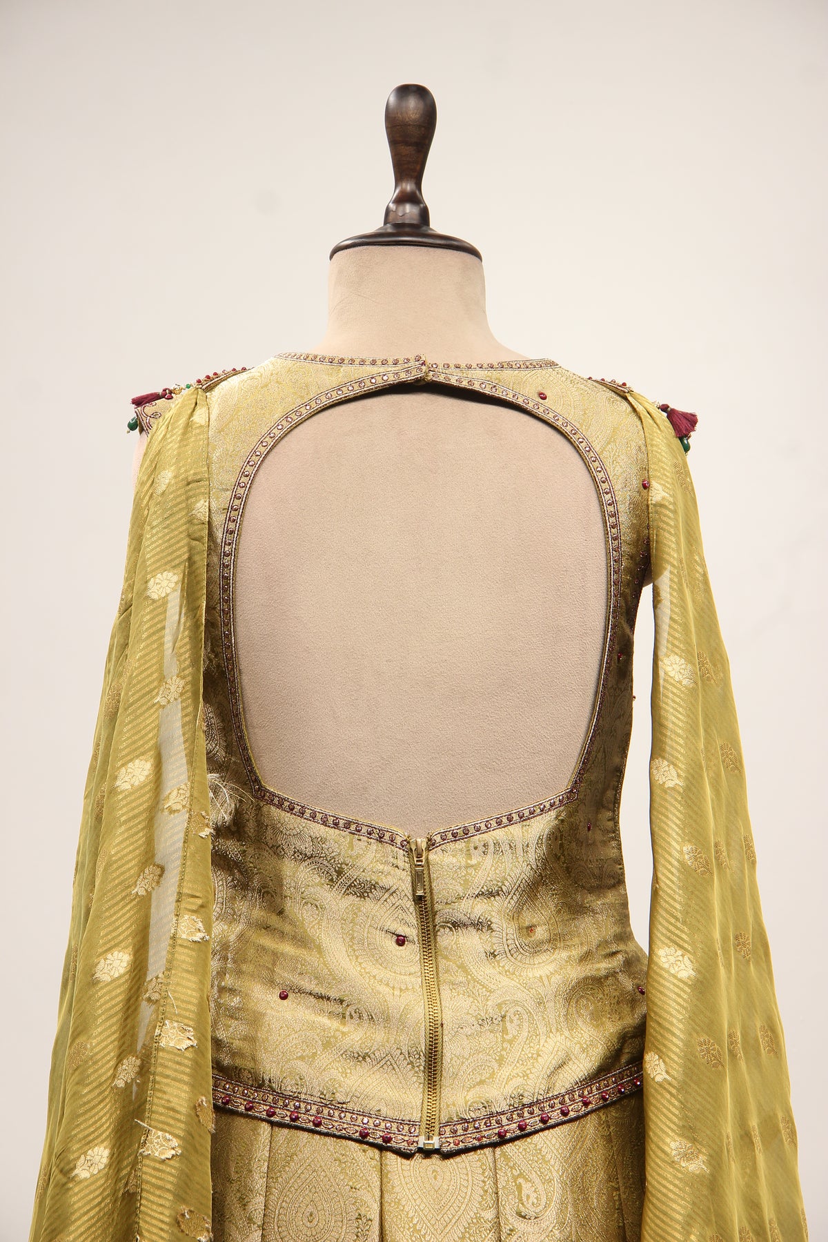 Mehendi Banarasi Brocade Indo Western with Hand Embroidery & Cut Dana – back close-up