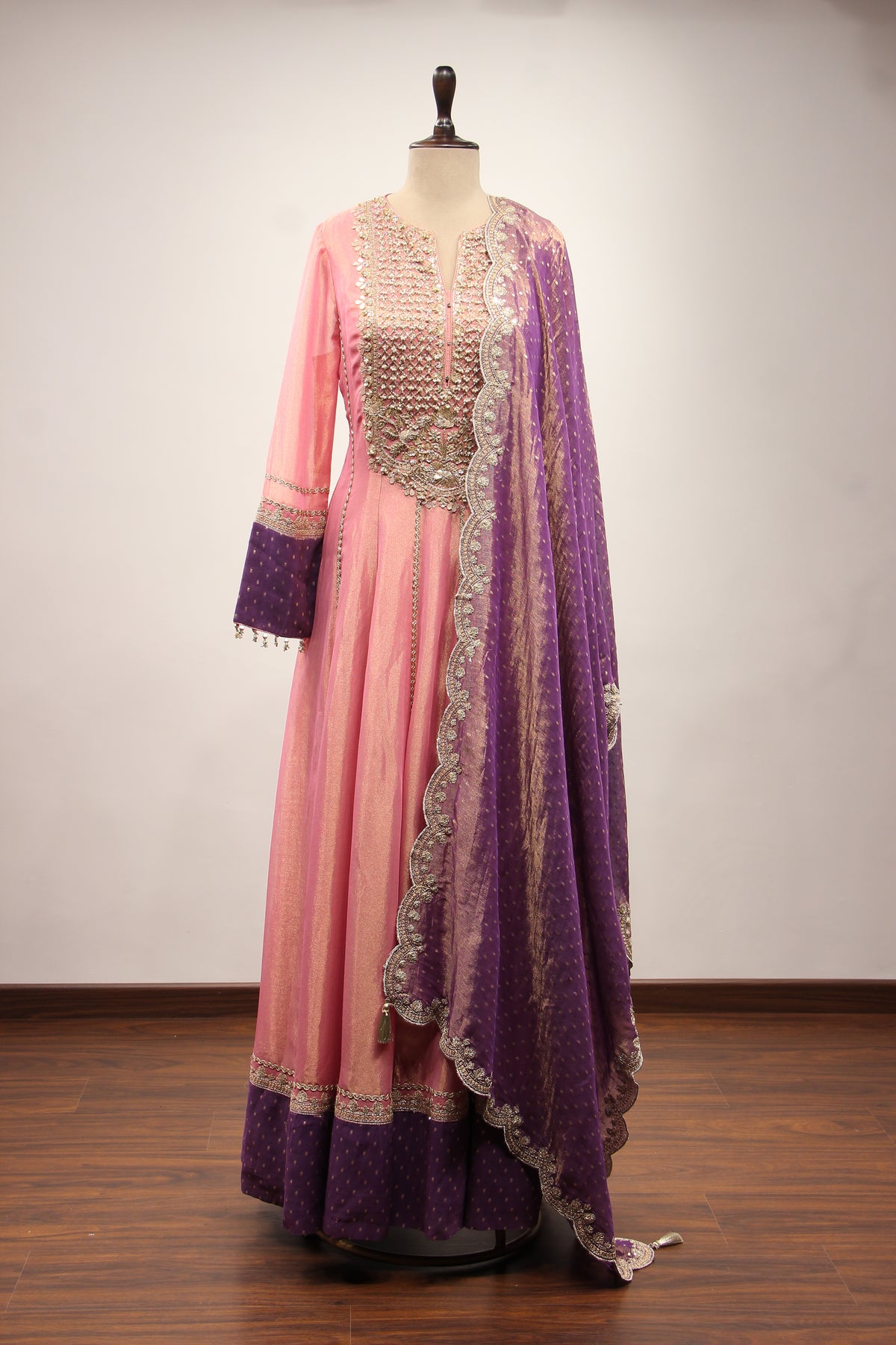 Tissue Floor Length Anarkali Gown with Bead & Cut Dana Handwork Yoke in Pink – front view