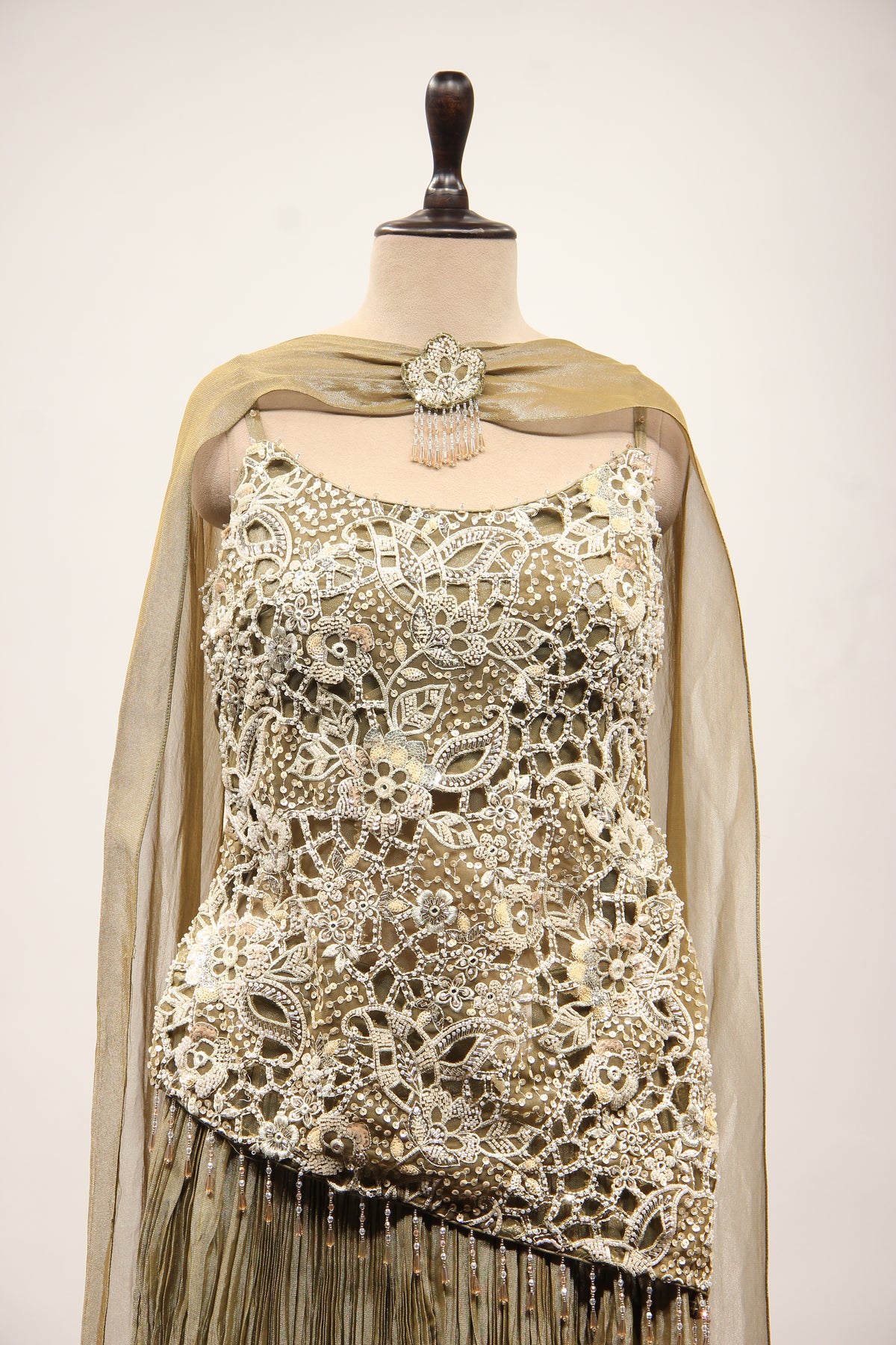Crush Tissue Sharara Suit with Bead & Cut Dana Handwork Choker Dupatta in Green – front close-up
