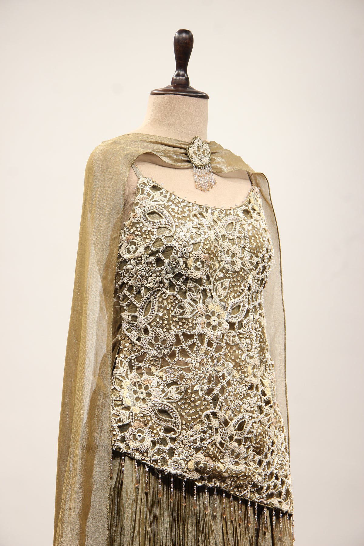 Crush Tissue Sharara Suit with Bead & Cut Dana Handwork Choker Dupatta in Green – other side close-up