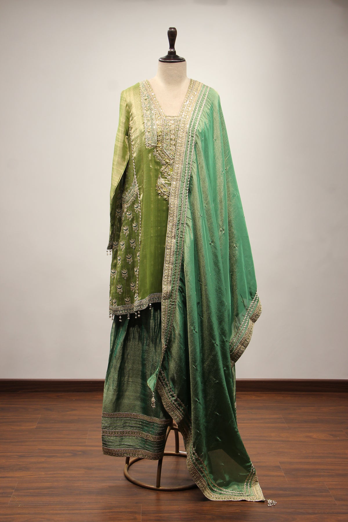 Green Tissue Farshi Salwar Suit with Cut Dana & Sequin Handwork – front view