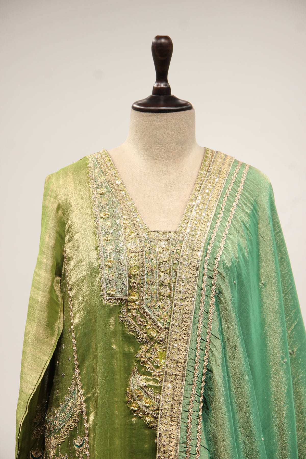 Green Tissue Farshi Salwar Suit with Cut Dana & Sequin Handwork – front close-up