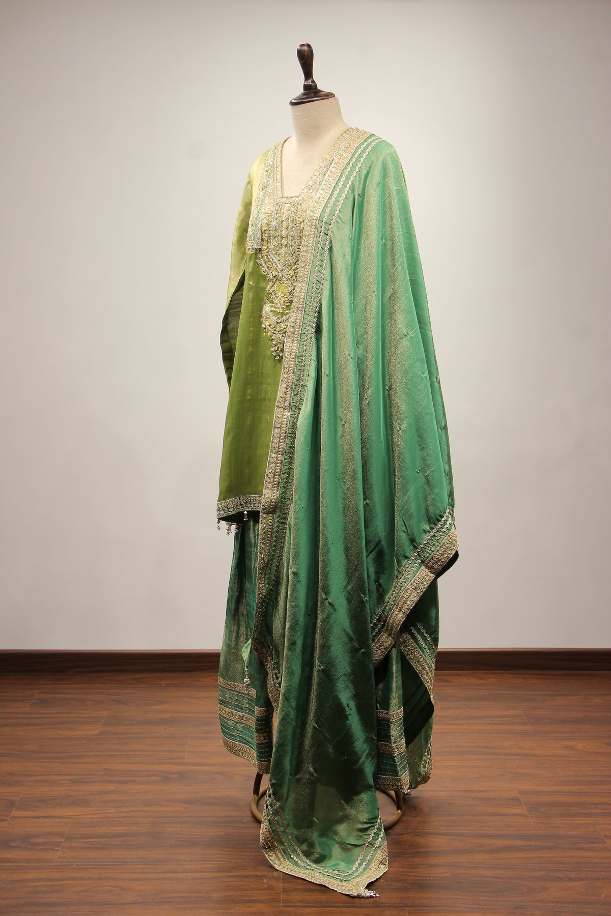 Green Tissue Farshi Salwar Suit with Cut Dana & Sequin Handwork – side view