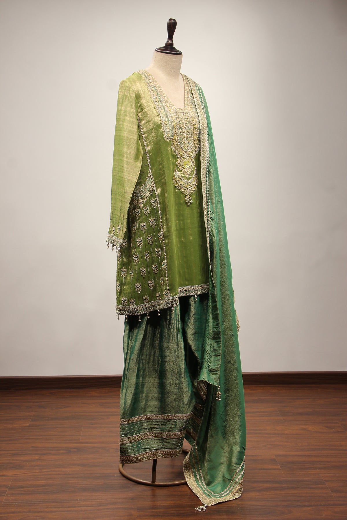 Green Tissue Farshi Salwar Suit with Cut Dana & Sequin Handwork – other side view
