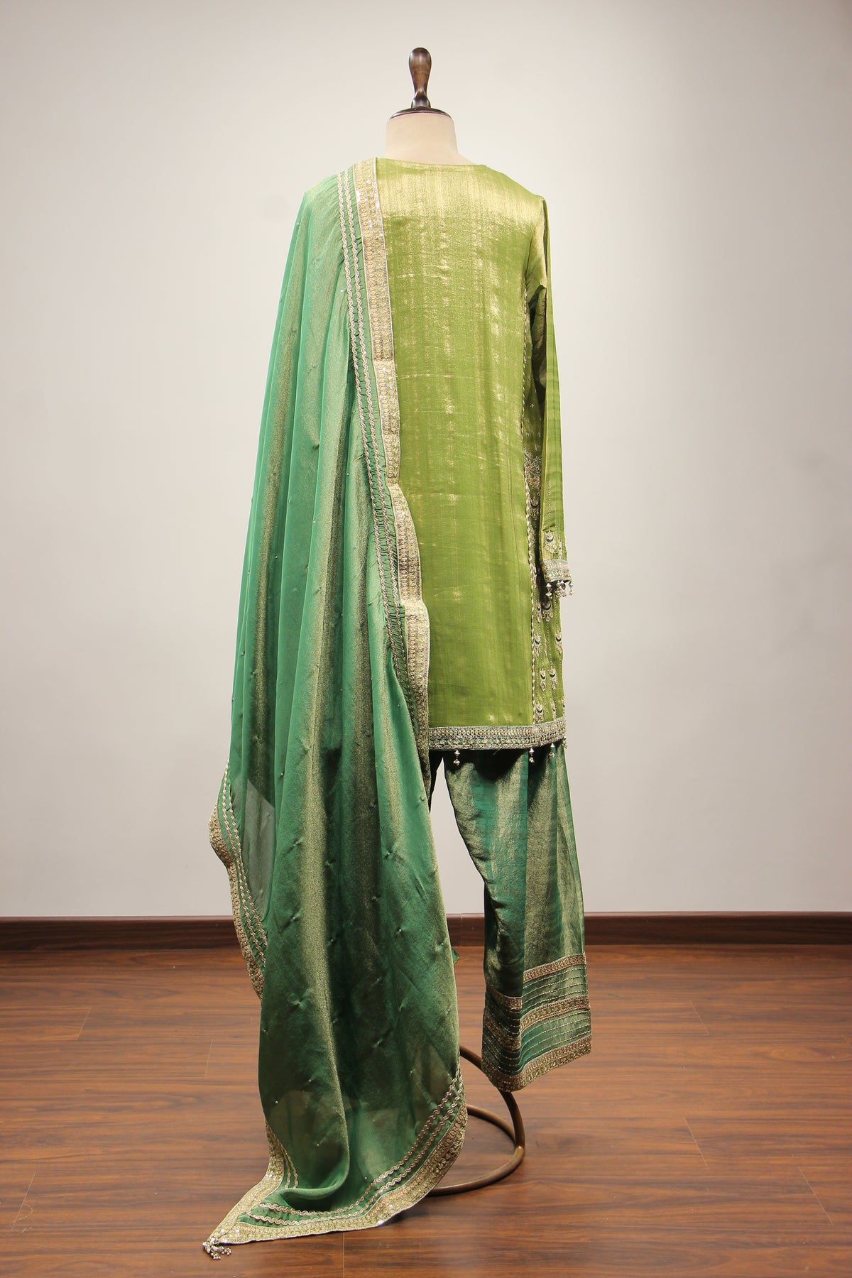 Green Tissue Farshi Salwar Suit with Cut Dana & Sequin Handwork – back view