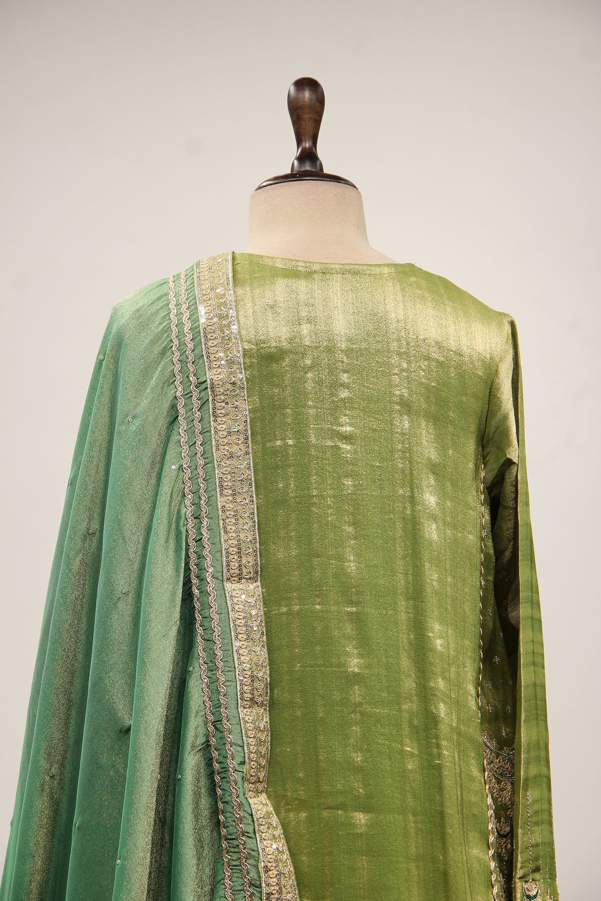 Green Tissue Farshi Salwar Suit with Cut Dana & Sequin Handwork – back close-up