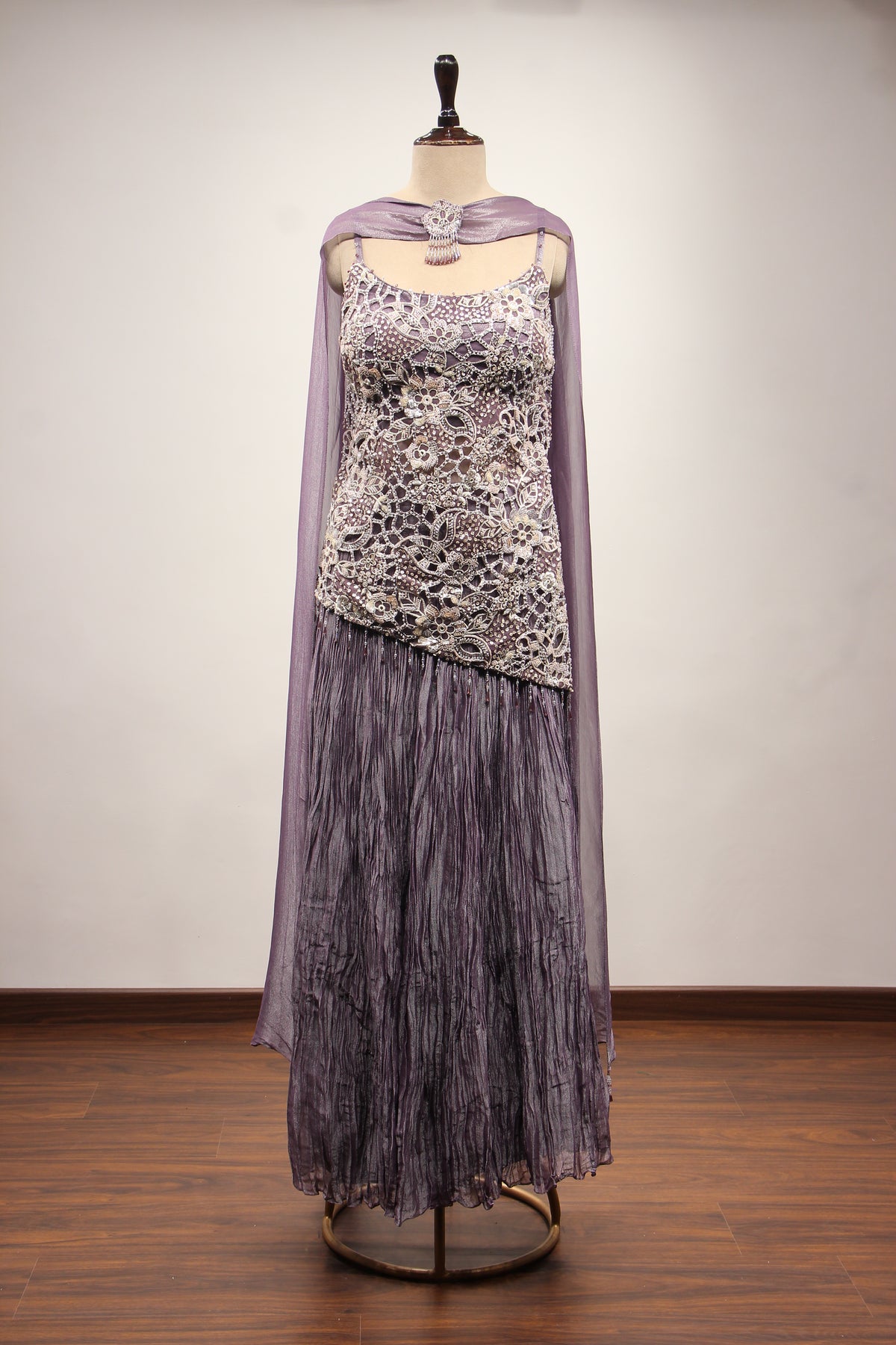 Crush Tissue Sharara Suit with Bead & Cut Dana Handwork Choker Dupatta in Purple – front view