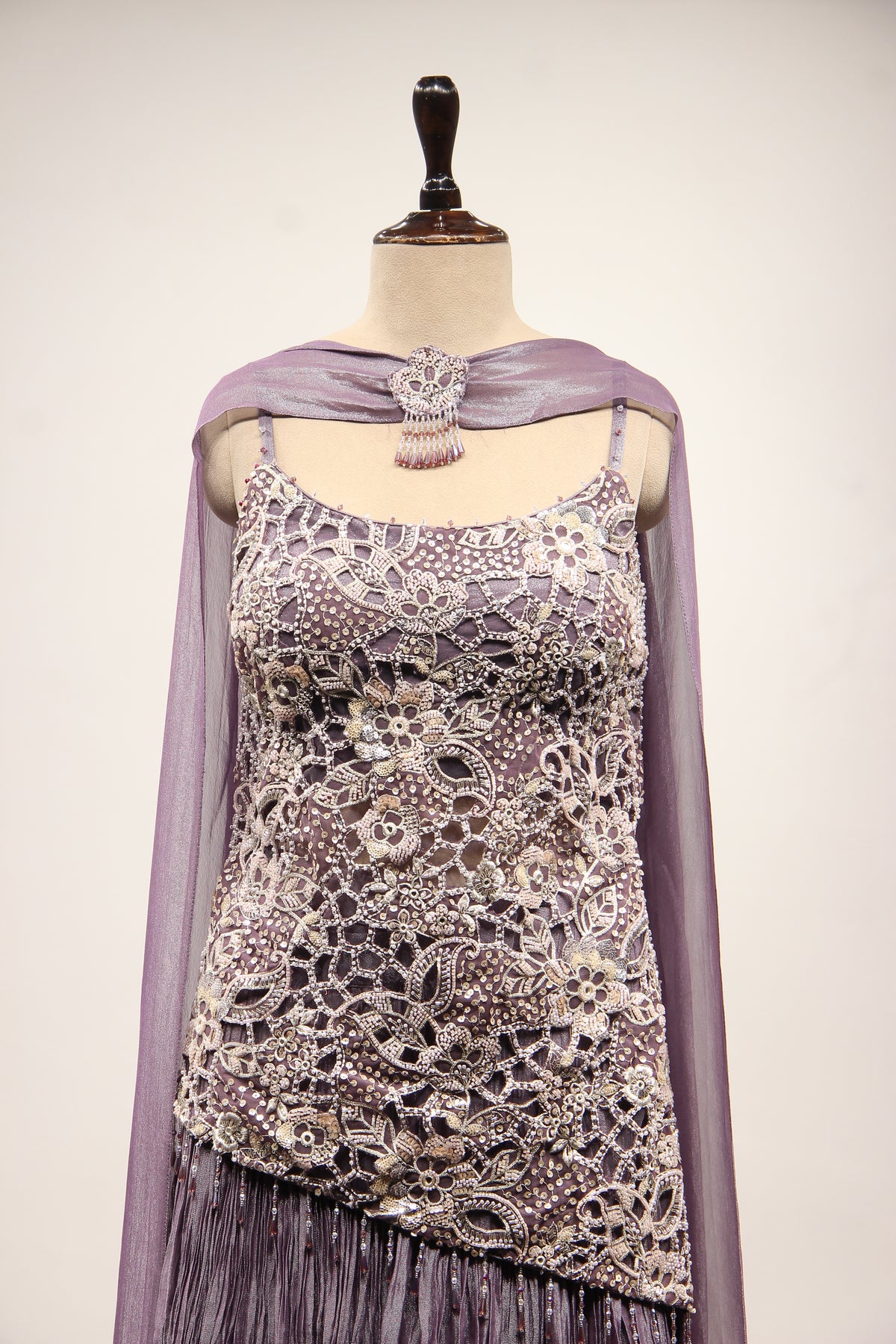 Crush Tissue Sharara Suit with Bead & Cut Dana Handwork Choker Dupatta in Purple – front close-up