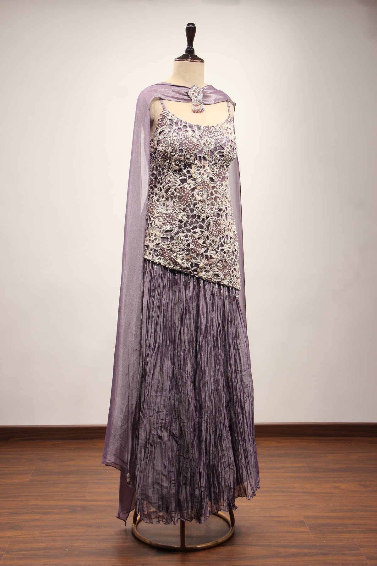 Crush Tissue Sharara Suit with Bead & Cut Dana Handwork Choker Dupatta in Purple – other side view