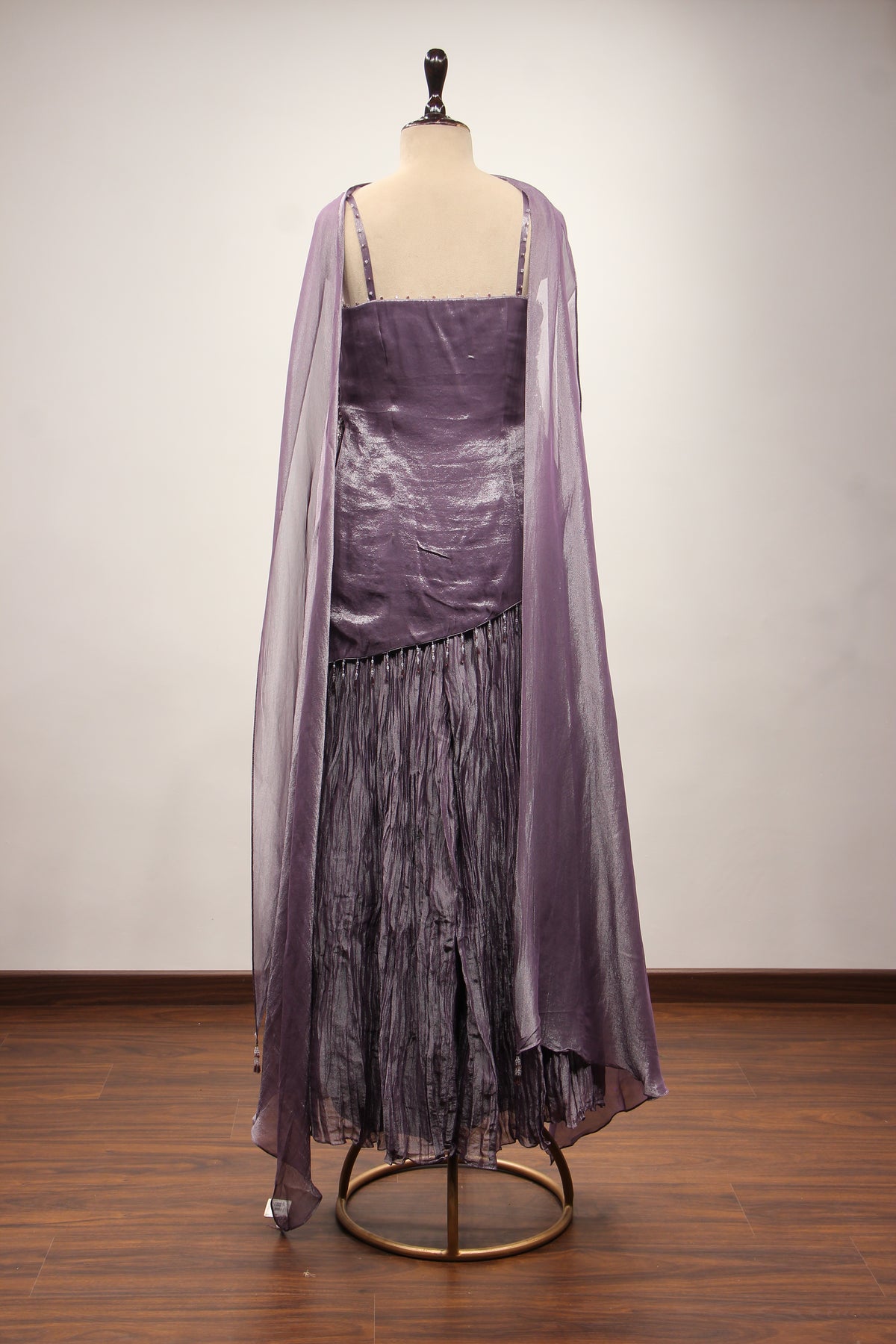 Crush Tissue Sharara Suit with Bead & Cut Dana Handwork Choker Dupatta in Purple – back view