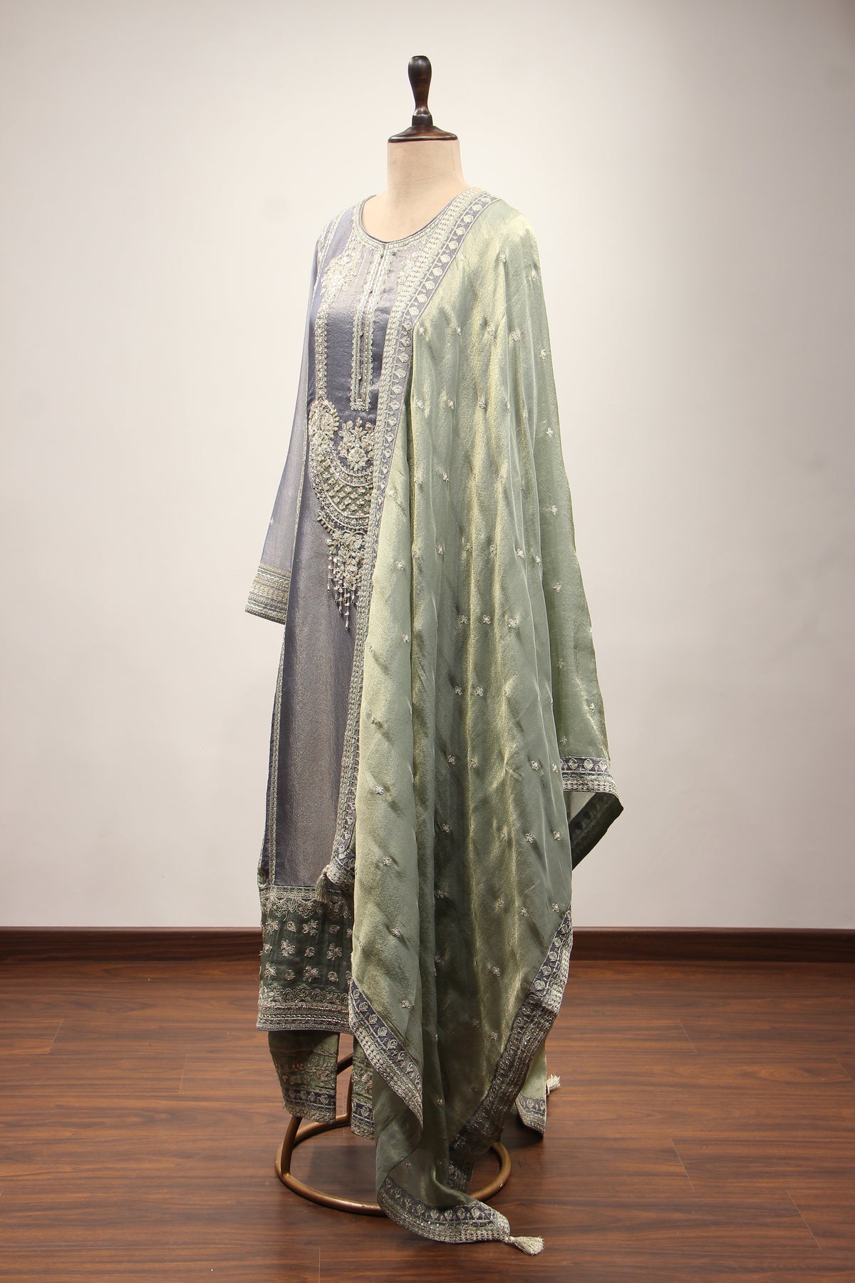 Blue Tissue Pakistani Pant Suit with Cut Dana & Stone Handwork – side view